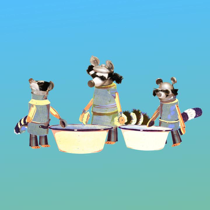Illustration of three raccoons from tin cans.