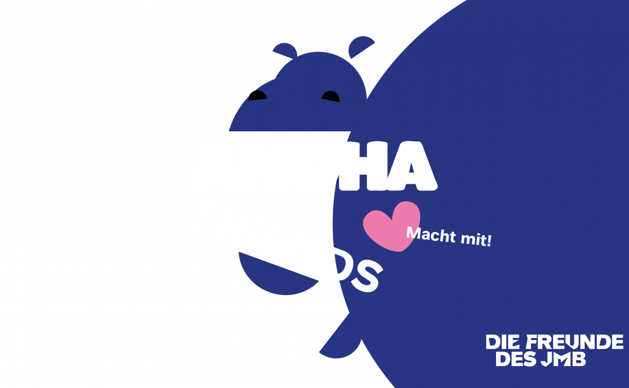 Blaues Nilpferd mit aufgerissenem Maul, rosa Herz und der Schrift "ANOHA Friends Mach mit!"