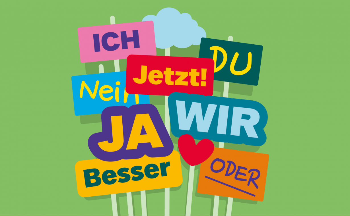The images shows several signs in different colours stating: I, You, We, Better, Or, Yes, No.