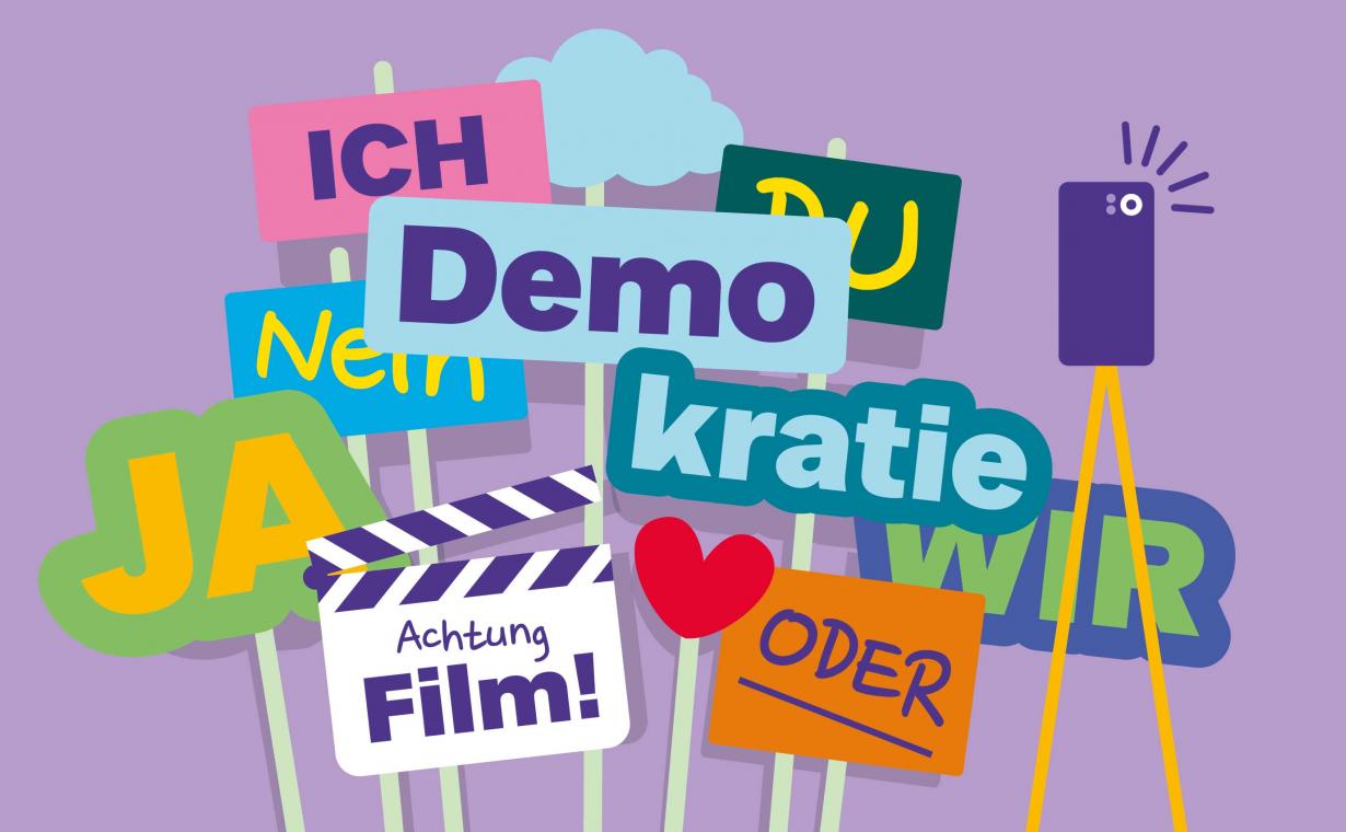 Colorful graphic showing various posters and signs, with a film clapperboard and a cell phone for filming on a tripod in front of it.