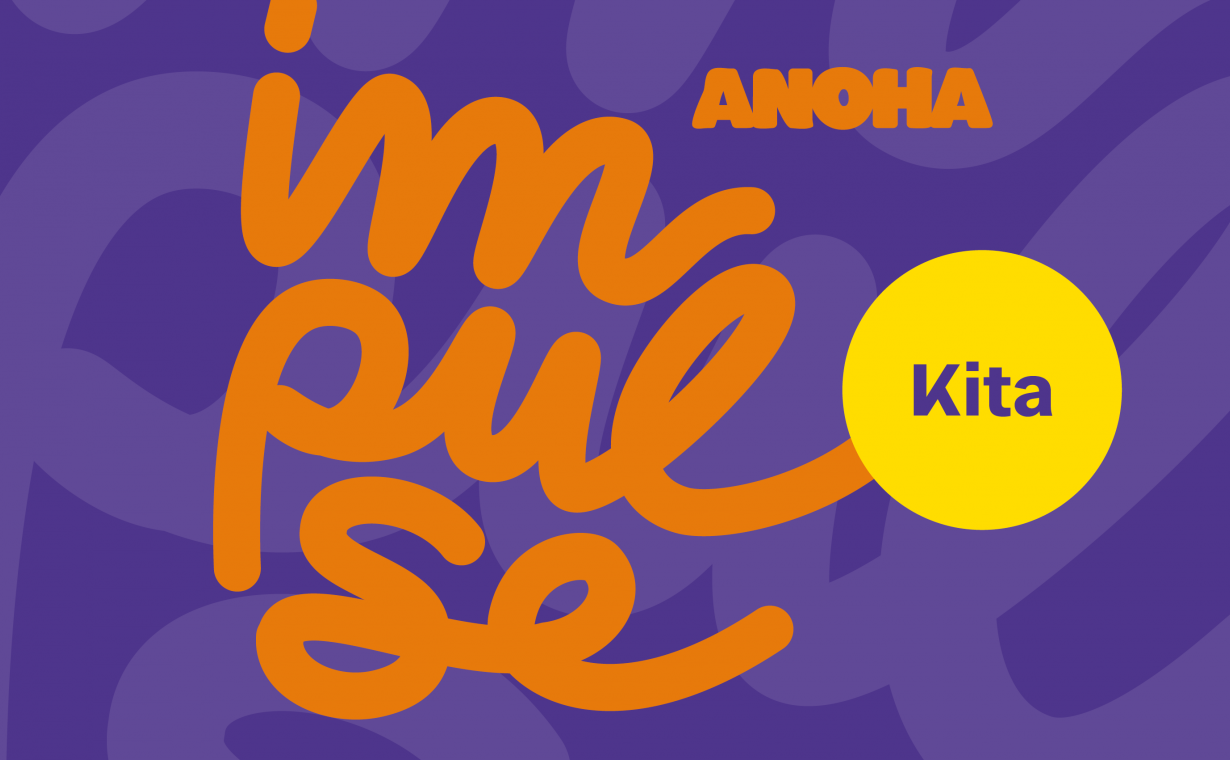 Grafik ANOHA Impulse Kita orange Schrift auf lila Grund