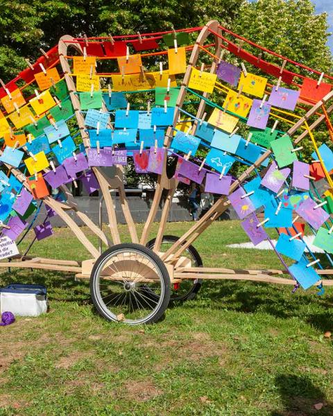 Ein aus bunten Wäscheleinen gebauter Regenbogen, an dem bunte von Kindern bemalte und beschriftete Zettel hängen.