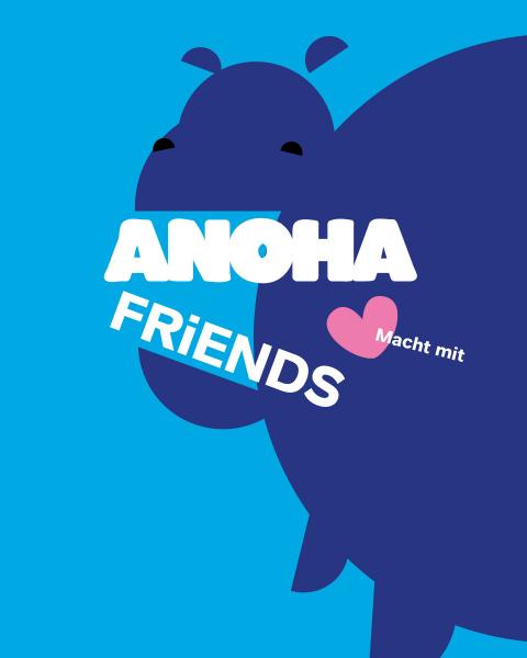 Blaues Nilpferd mit aufgerissenem Maul, rosa Herz und der Schrift "ANOHA Friends Mach mit!"