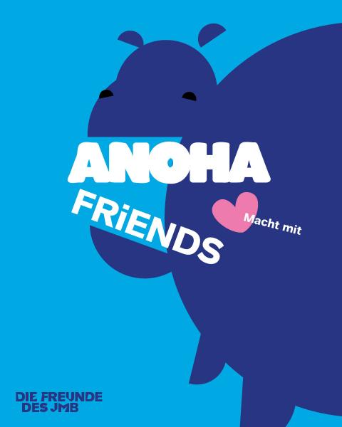 Blaues Nilpferd mit aufgerissenem Maul, rosa Herz und der Schrift &quot;ANOHA Friends Mach mit!&quot;
