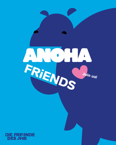 Blue hippo with open mouth, pink heart and the words &quot;ANOHA Friends Join in!&quot;