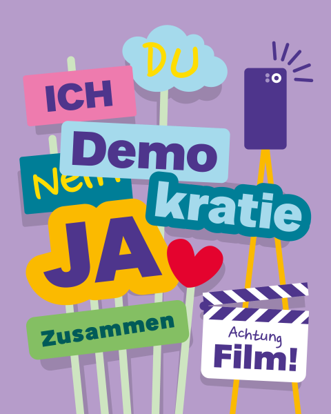Colorful graphic showing various posters and signs, with a film clapperboard and a cell phone for filming on a tripod in front of it.