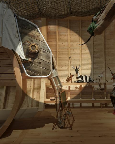 View inside the ANOHA ark. Spotlight on the elephant.