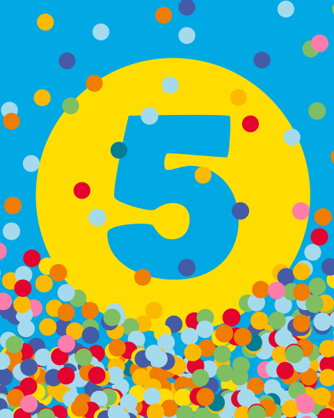 A graphic featuring a light blue &ldquo;5&rdquo; inside a yellow circle against a light blue background with lots of colorful dots and wavy lines.