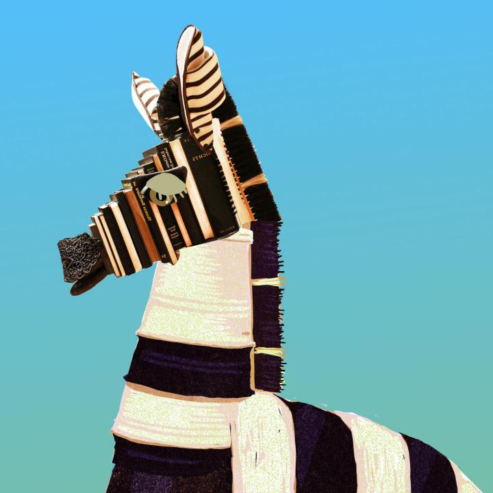 Illustration eines Zebras mit einem Kopf, der aus Büchern zusammengesetzt ist.