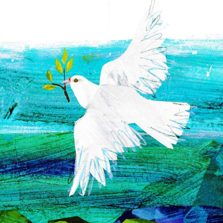 Illustration einer weißen Taube mit Ölzweig.