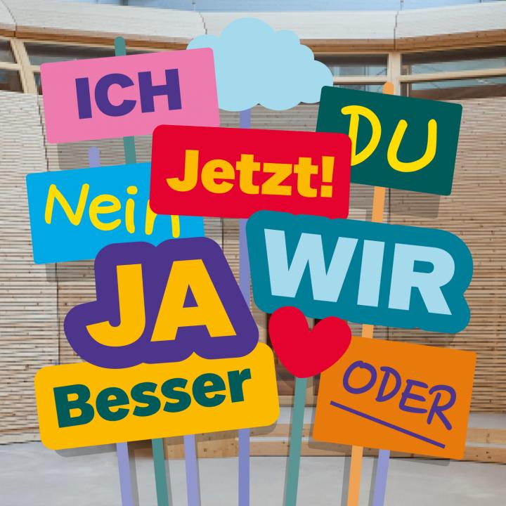 Die Grafik zeigt Schilder in verschiedenen Farben. Die Schilder sagen: Ich, Du, Jetzt, Wir, Nein, Ja, Besser, Oder.