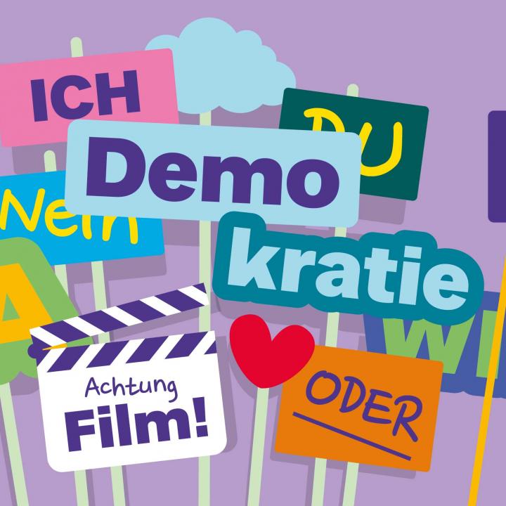 Bunte Grafik, die verschiedene Plakate und Schilder zeigt, davor eine Filmklappe und ein Handy zum Filmen auf einem Stativ.