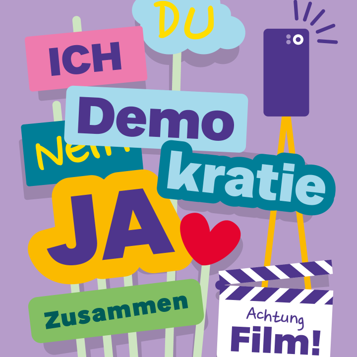 Colorful graphic showing various posters and signs, with a film clapperboard and a cell phone for filming on a tripod in front of it.